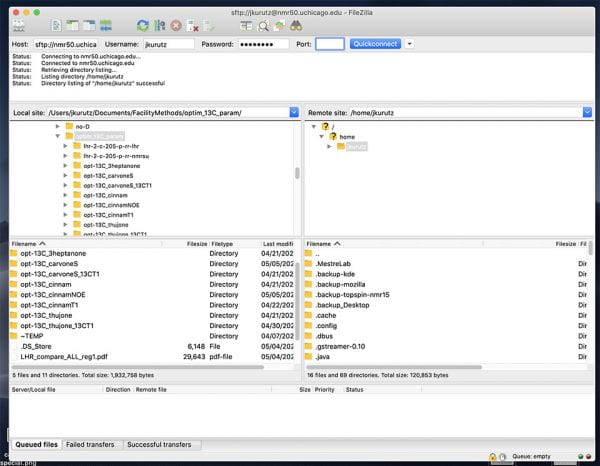 FileZilla connection window - connected